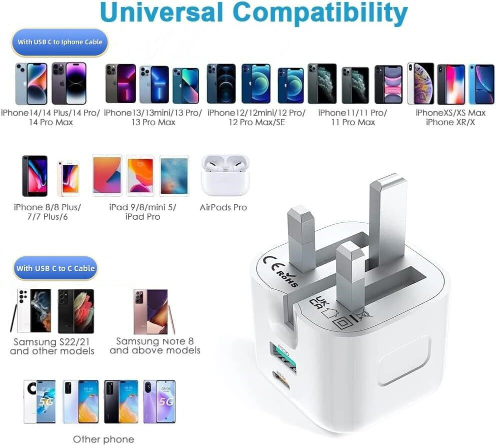 For Phone 17, 16 .15, 14 Pro Max 16 Plus Fast 20W USB-C PD Plug Charger Adapter Cable